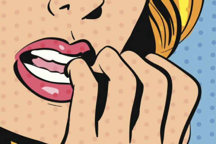 animated shot of a woman biting her nails and damaging her teeth