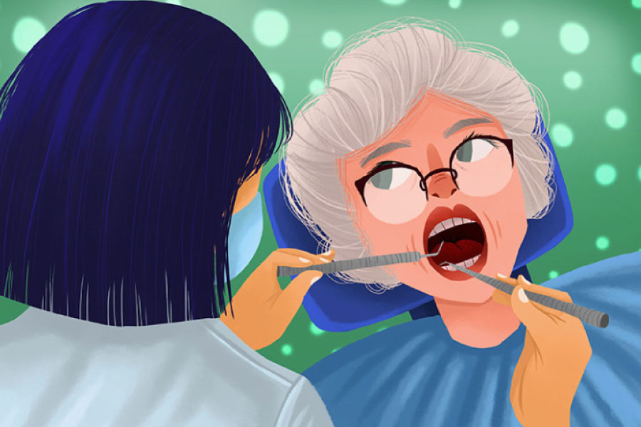 Cartoon senior in the dental chair with the dentist checking her teeth